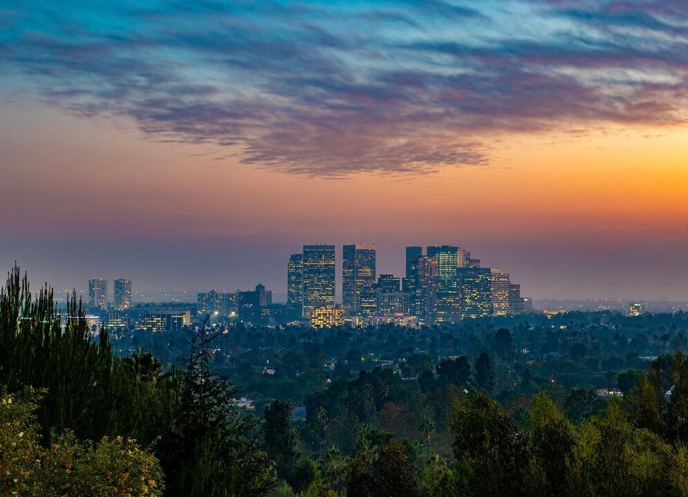 Century City and Beverly Hills skyline at sunset