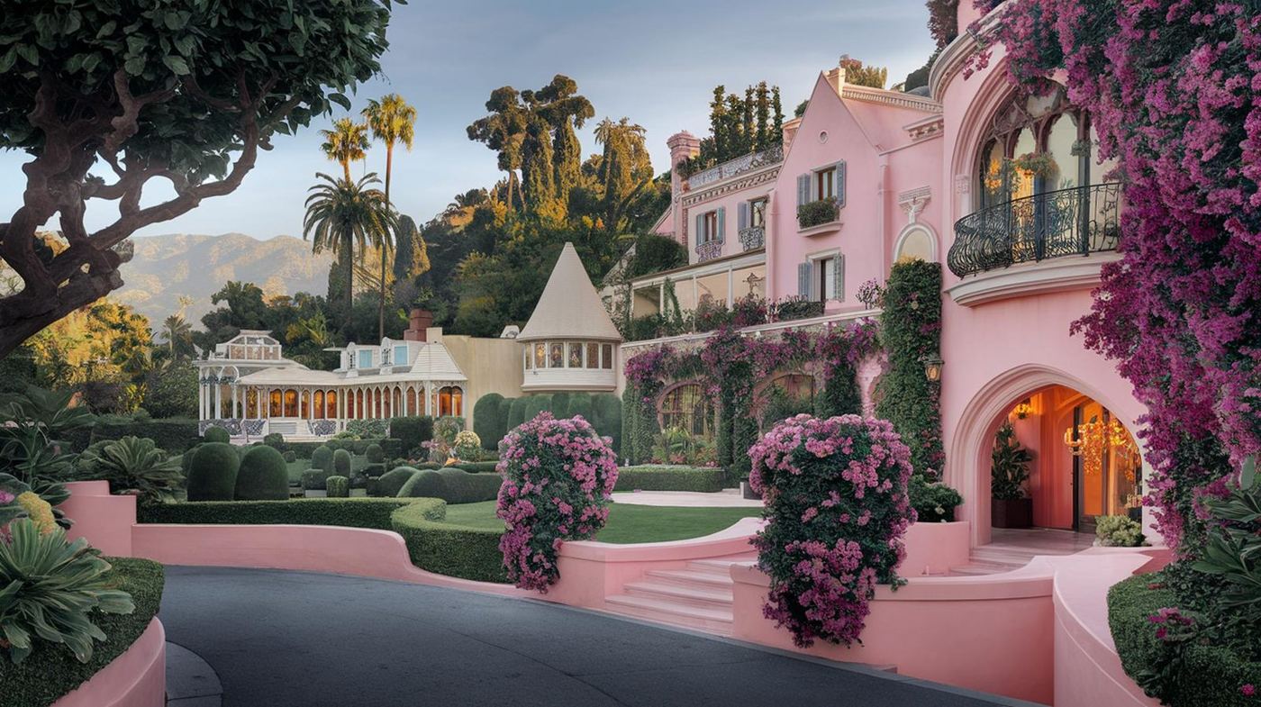 Pink Mediterranean-style mansion with an arched entrance and bougainvillea